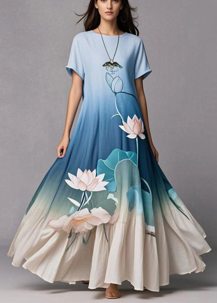 Gradient Blue Lotus Print Exra Large Hem Cotton Dress Summer