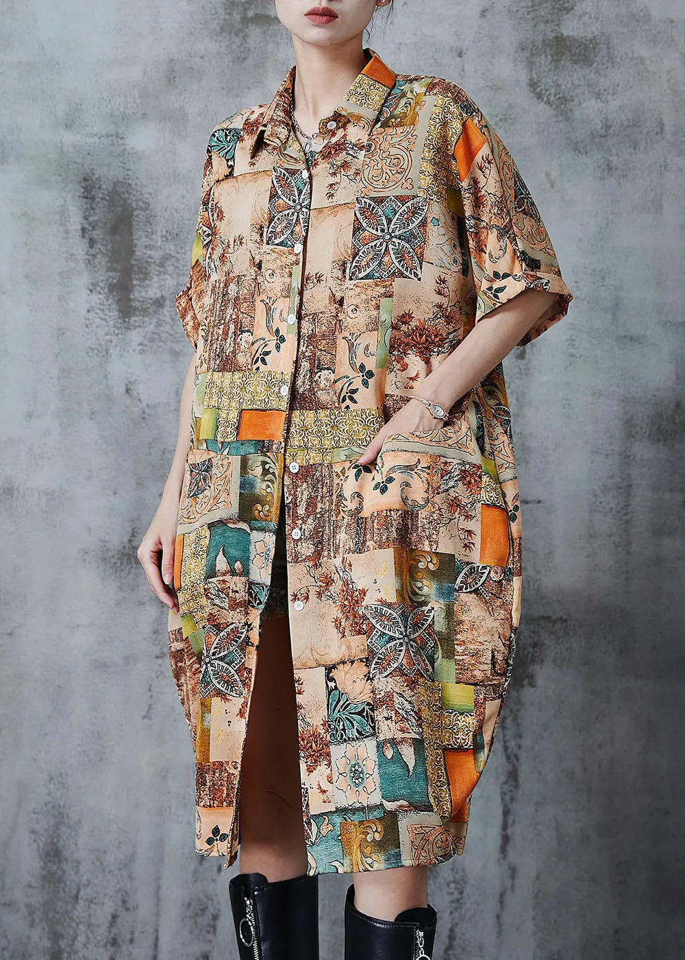 Khaki Oversized Print Chiffon Shirt Dress Summer