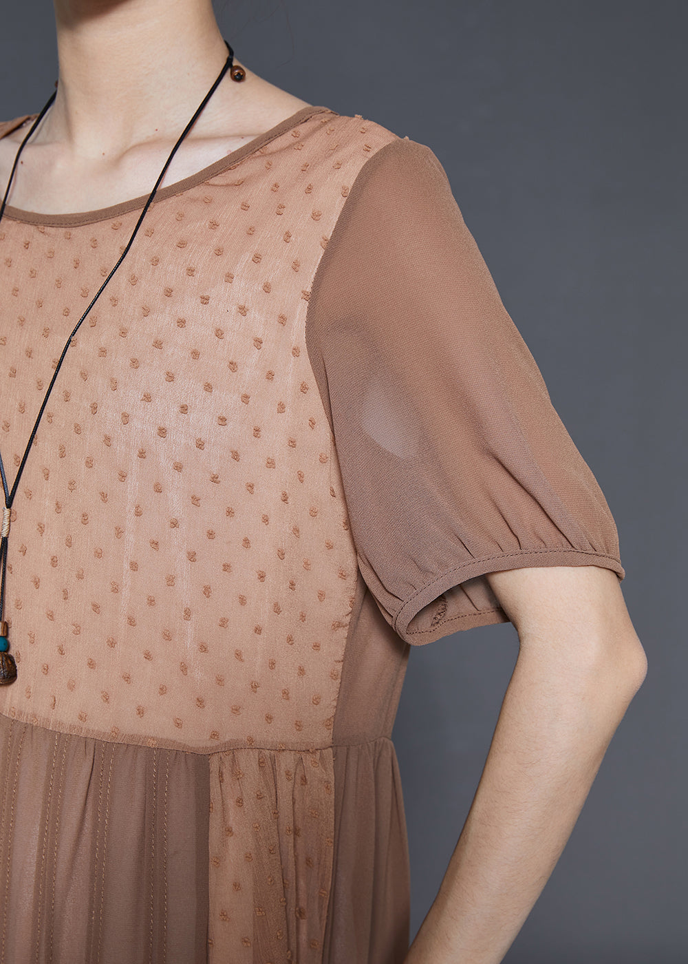Khaki Patchwork Cotton Silk Pleated Dress Summer