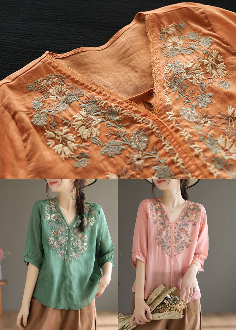 Orange V Neck Embroidered Linen Blouse Top Half Sleeve