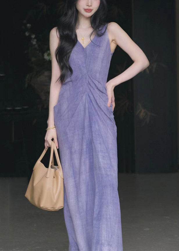 New Purple V Neck Cotton Long Dresses Sleeveless