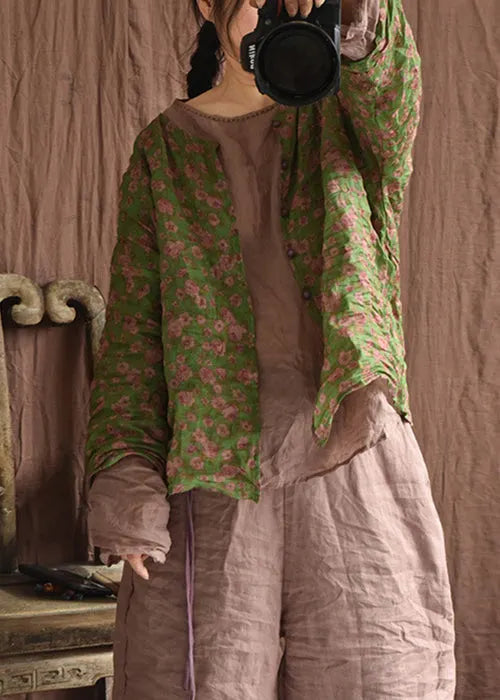 Green Button Print Linen Blouse Long Sleeve