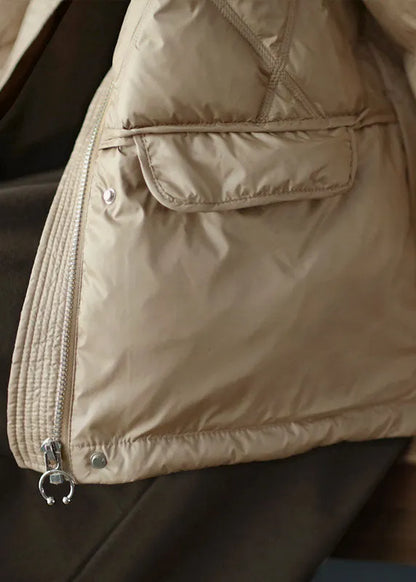 Handmade Khaki Stand Collar Zippered Loose Drawstring Winter Down Jacket