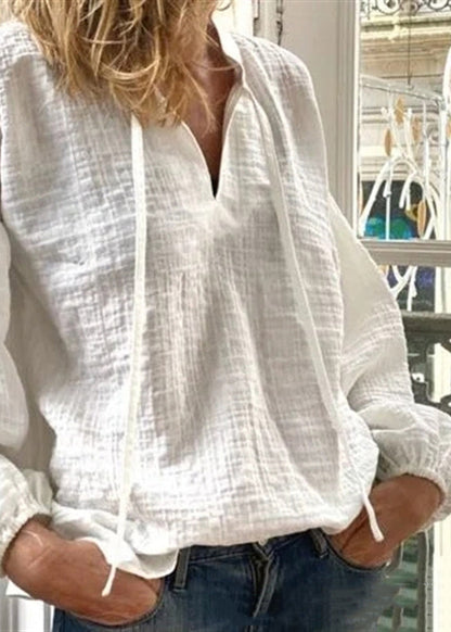Loose White V Neck Lace Up Linen Blouses Long Sleeve