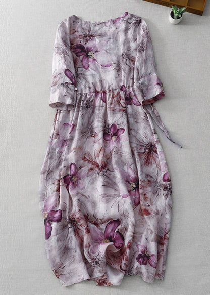 Purple O Neck Print Lace Up Cotton Dress Half Sleeve