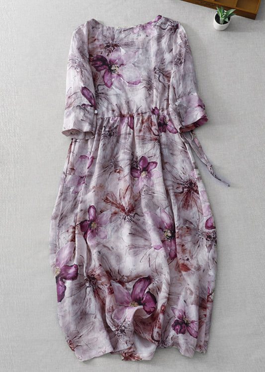 Purple O Neck Print Lace Up Cotton Dress Half Sleeve