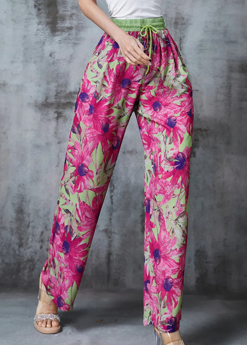 Rose Elastic Waist Leaf Print Chiffon Pants Summer
