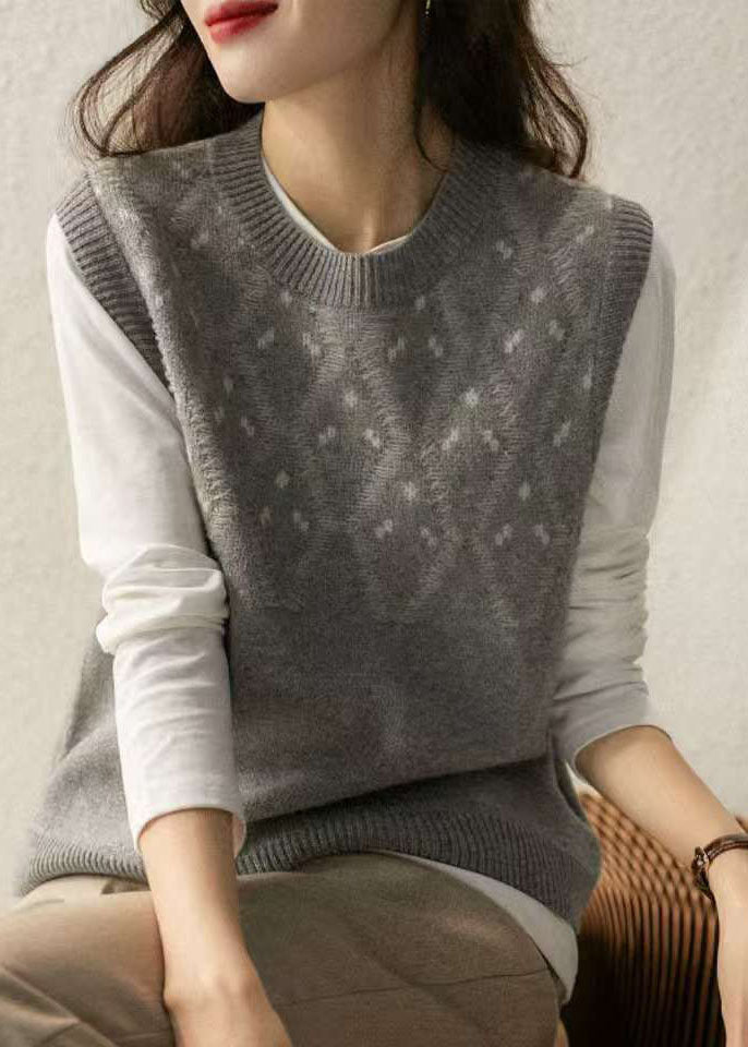 Camel O Neck Jacquard Woolen Vest Sleeveless