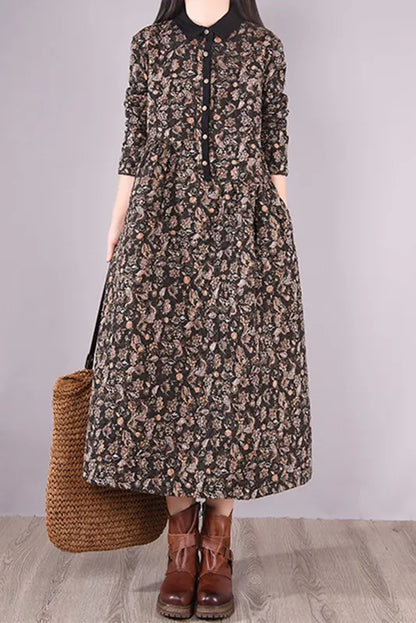 Winter Quilted Print Dress Cotton Linen Dress