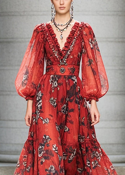 Red Ruffled Print Chiffon Cinched Dress Fall