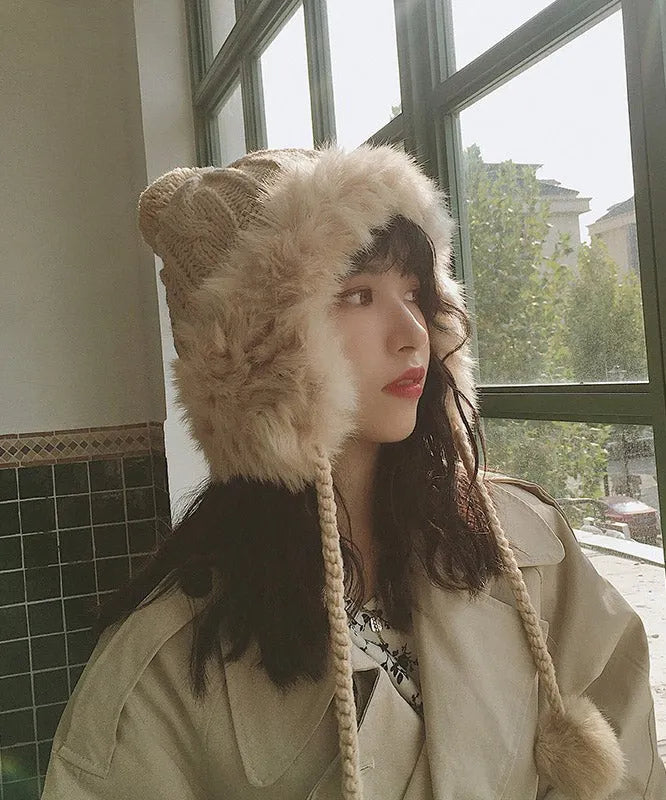 Winter Grey Warm Fuzzy Ball Rabbit Fur Knitted Hat