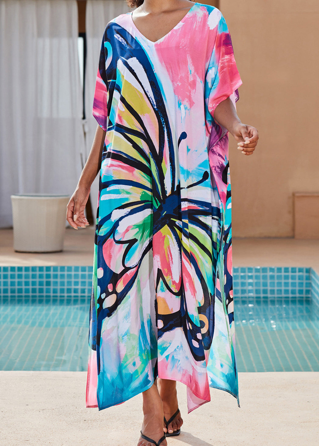 V Neck Butterfly Print Cotton Long Dress Summer