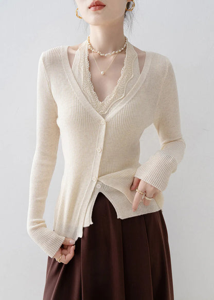 Apricot V Neck Lace Patchwork Knit Sweater Spring
