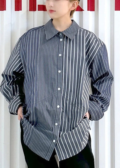 Black Striped Cotton Shirt Top Drawstring Spring