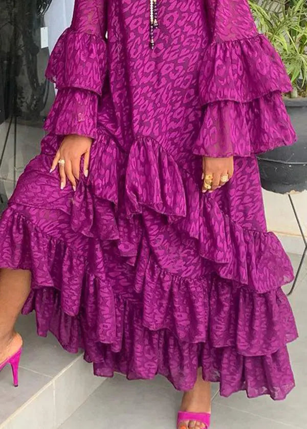 Purple Ruffled Flared Sleeve O-neck Long Dress