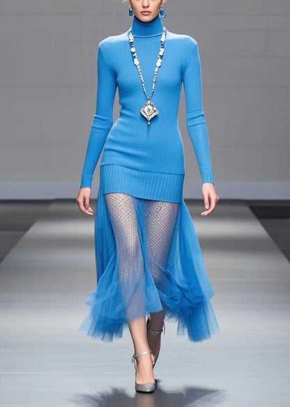 Blue High Neck Patchwork Tulle Knit Sweater Dress Winter