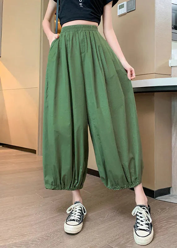 Blue Pockets Elastic Waist Crop Pants Summer