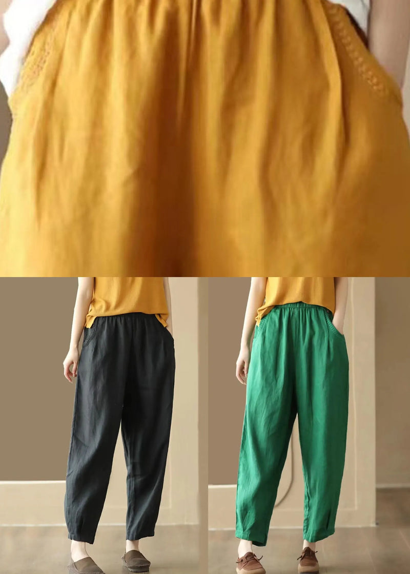Black Pockets Wrinkled Patchwork Linen Pants Summer