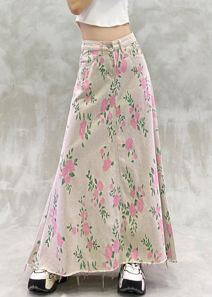 Print Pockets High Waist Denim Skirt Summer