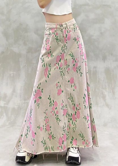Print Pockets High Waist Denim Skirt Summer
