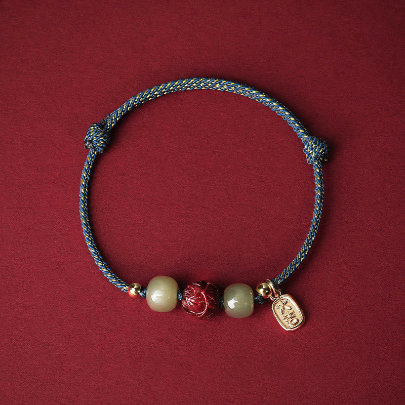 Buddha Stones 14k Gold Plated Hetian Jade Cinnabar Lotus Luck Handcrafted Rope Bracelet