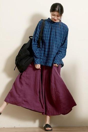 Summer Green and Purple Loose Linen Skirt for