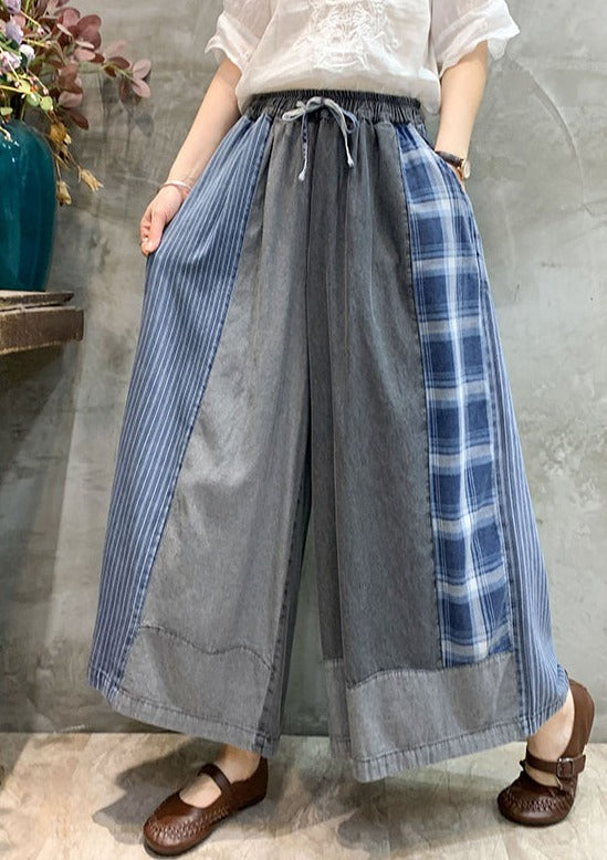 Drawstring Elasticity Plaid Split-joint Ninth Denim Pants