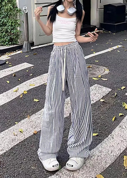 Blue Striped Elastic Waist Cotton Wide Leg Pants Summer
