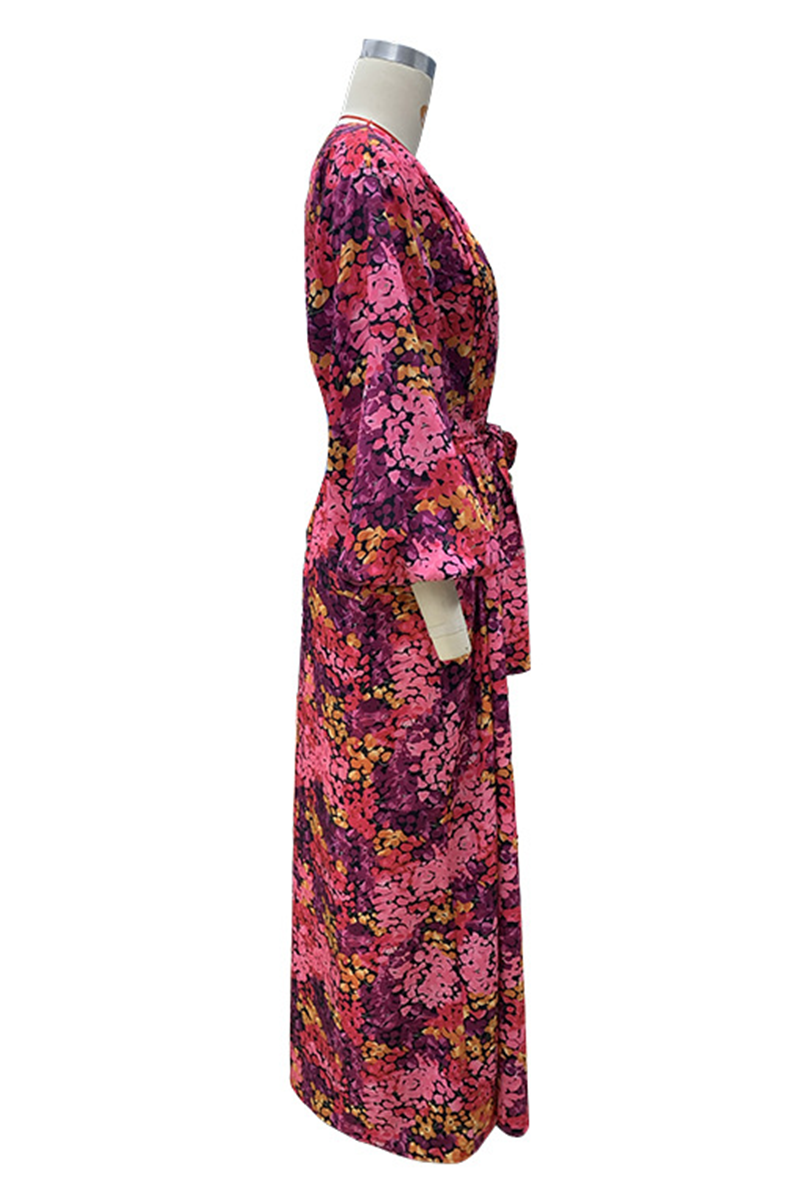Print Contrast V Neck a Line Dresses