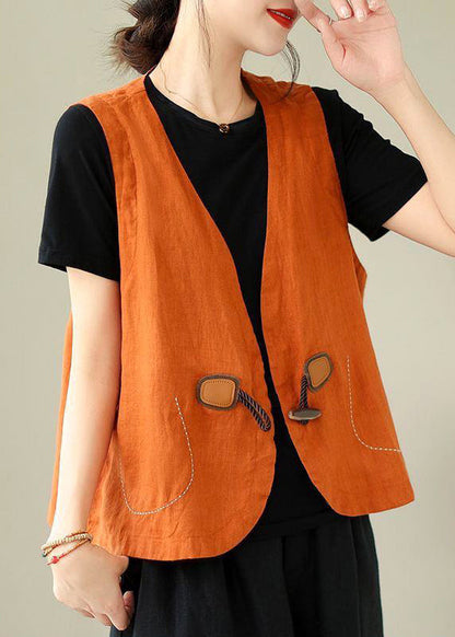 Loose Orange V Neck Button Linen Waistcoat Sleeveless