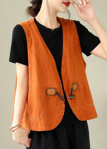 Loose Orange V Neck Button Linen Waistcoat Sleeveless