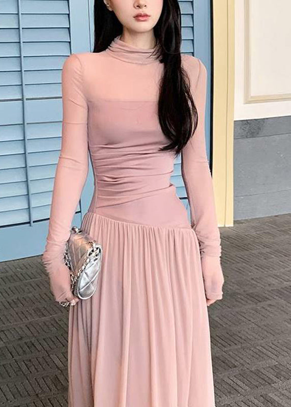 New Pink Turtleneck Patchwork Tulle Long Dress Long Sleeve