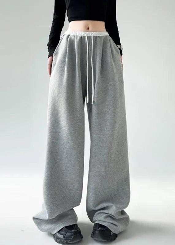 Black Pockets Tie Waist Wide Leg Pants Spring