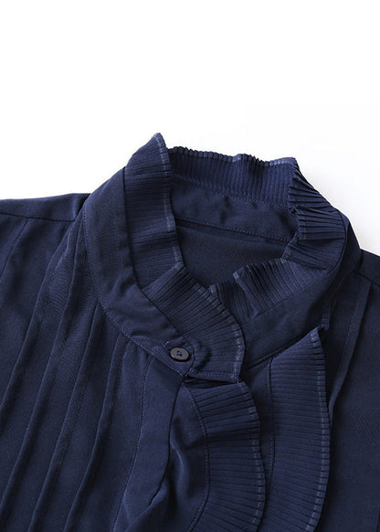 Stylish Navy Ruffled Wrinkled Chiffon Top Spring