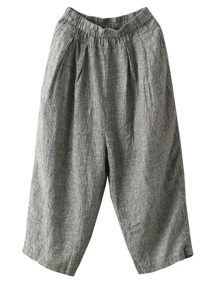 Black Striped Pockets Elastic Waist Linen Harem Pants Summer