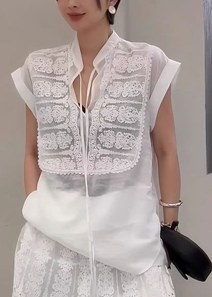 Modern White Stand Collar Patchwork Cotton Tops Summer