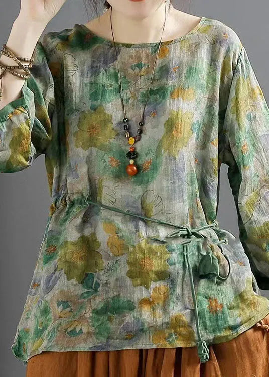 Green O Neck Print Lace Up Patchwork Linen Tops Summer