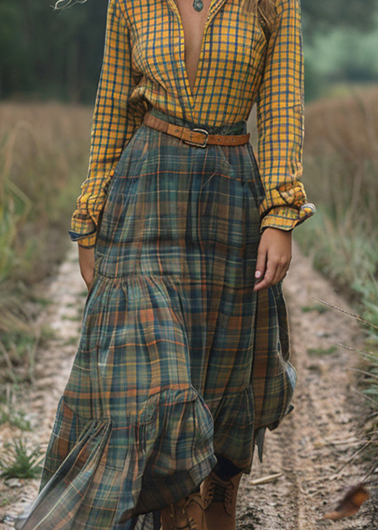 Boutique Colorblock V Neck Plaid Patchwork Cotton Long Dress Fall