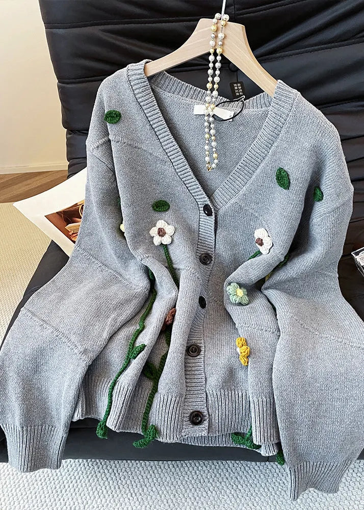 Loose Grey V Neck Button Knit Coats Fall