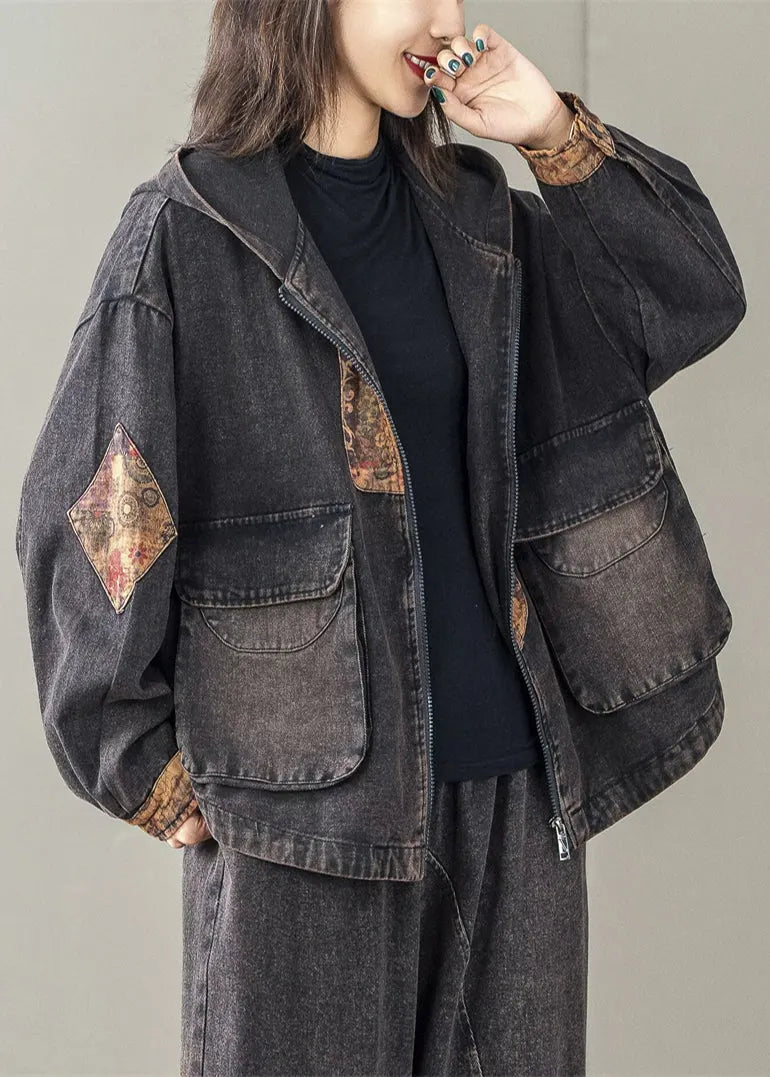Art Black Oversized Patchwork Hooded Jacket Spring