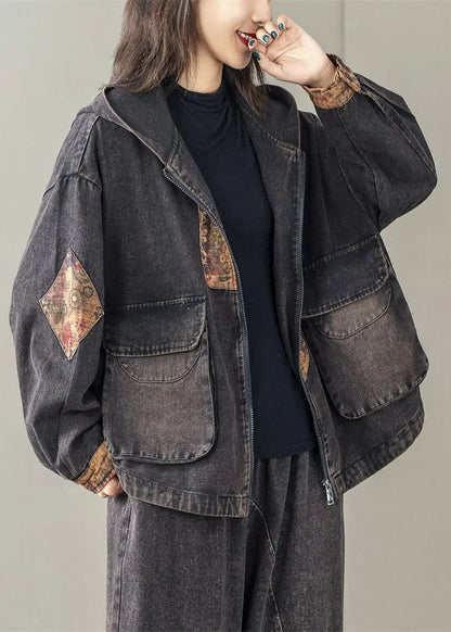 Art Black Oversized Patchwork Hooded Jacket Spring