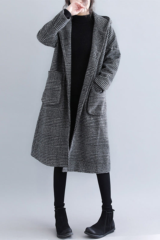 Woolen Coat Plaid Hooded Coat Mid-length Coat