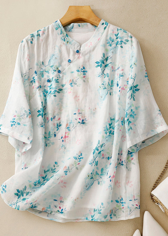 Green Stand Collar Print Linen Blouse Tops Summer