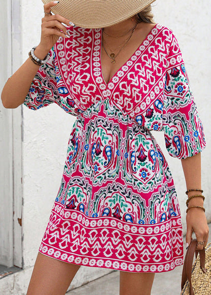 V Neck Print Chiffon Mid Dresses Summer