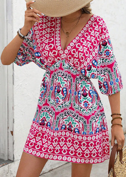 V Neck Print Chiffon Mid Dresses Summer