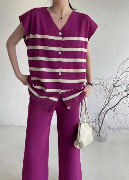 Loose Apricot V Neck Striped Knit 2 Piece Outfit Summer