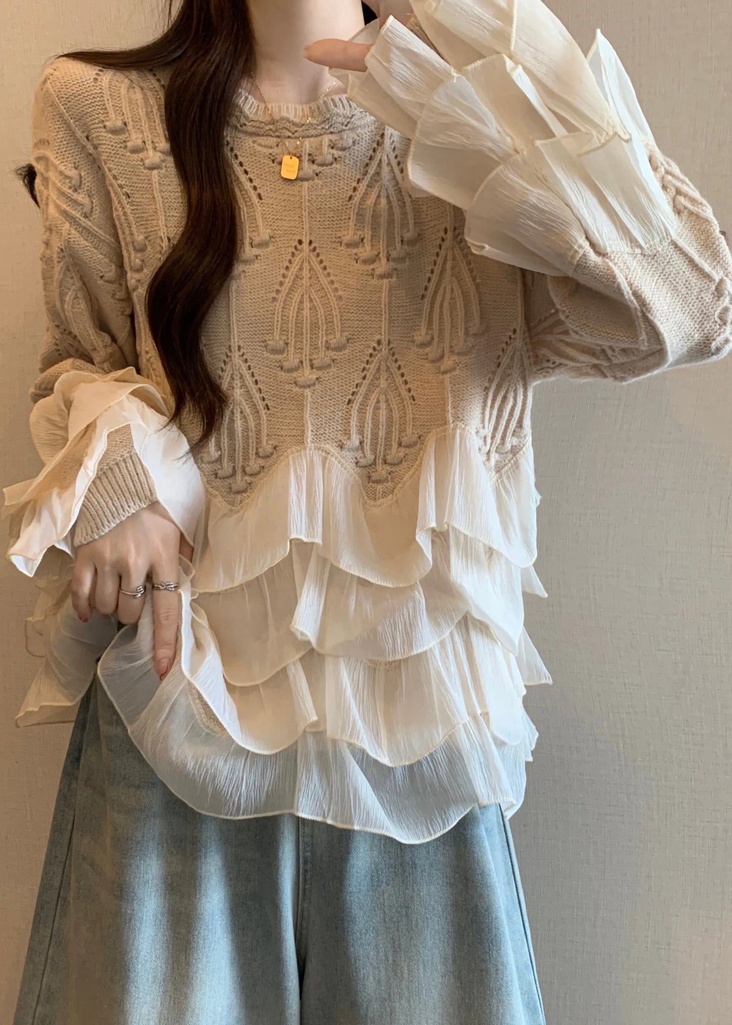 Apricot Ruffled Patchwork Knit Sweater Tops Fall