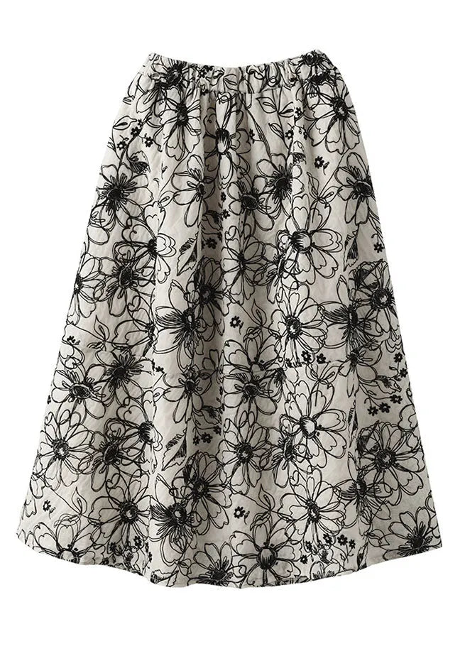 Beige Wrinkled Embroidered Linen Skirt Summer