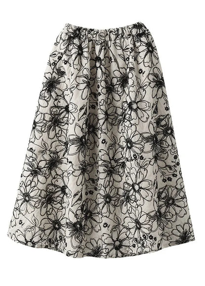 Beige Wrinkled Embroidered Linen Skirt Summer