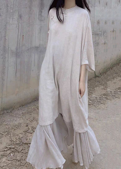 Beige Stand Collar Oriental Button Linen Long Dress Bracelet Sleeve